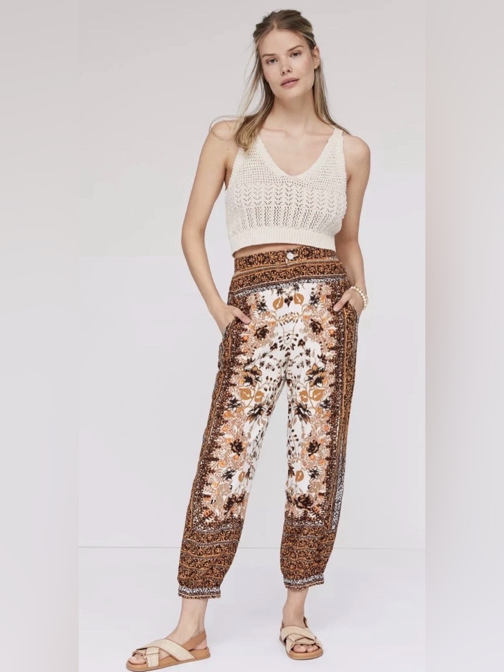 Anthropologie Printed Joggers Pants Size 8 Brown Boho Floral Linen Blend Crop